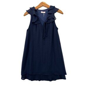 Andree by Unit Dress Sz S Sleeveless Ruffled Neck Modern Playful Navy Blue Gauze